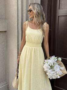 Selianne Women's Fashionable Elegant Casual New Woven Textured Floral Fabric Dress, Shoulder Strap Bow Tie Design, Cinched Waist A-Line Silhouette, Vacation - Yellow - View 6