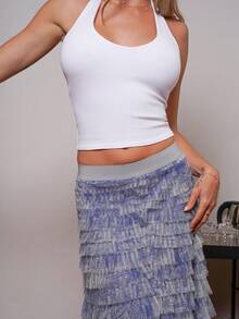 Women's Romantic Holiday Style Ditsy Floral Mesh Skirt Fall Cloth For Women - Dusty Blue - View 6