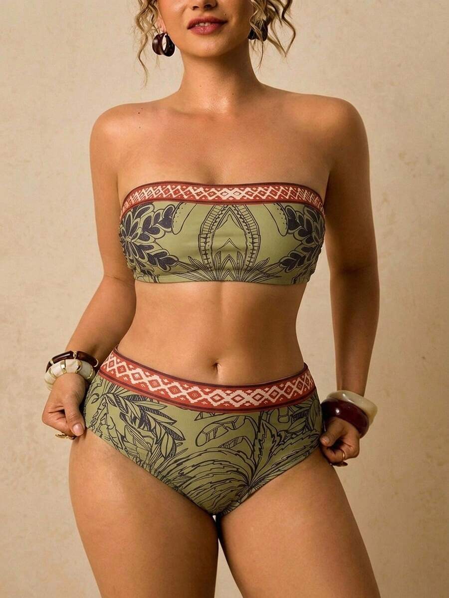 Travachic Plus Size Geometric & Tropical Plant Print Tankini Swimwear Set - Multicolor - View 1