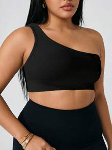 Easithlete Plus Size Women Solid Color One Shoulder Casual Versatile Daily Travel Sports T-Shirt - Black - View 5