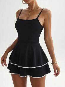 Easithlete Women's Contrast Trim Cami Strap Sports Dress - Black - View 6