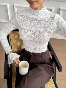 Serisse Camiseta de encaje elegante con cuello alto y mangas acampanadas para mujer - Albaricoque - Ver 6