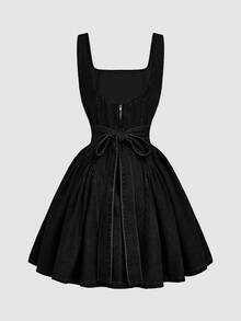 SHEIN MOD 女式休闲百搭无袖束腰牛仔连衣裙 - 黑色 - 查看 2