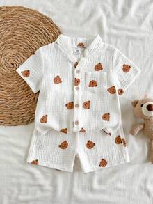 SHEIN Vintaside Kids 男嬰夏季立領短袖雙層舒適簡約可愛熊圖案套裝，搭配百搭休閒短褲，適合戶外、露營、野餐、度假、日常休閒散步 - 白色 - 查看 3
