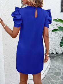 SHEIN Clasi Women's Solid Color Round Neck Short Puff Sleeve Casual Short Dress - Royal Blue - View 2