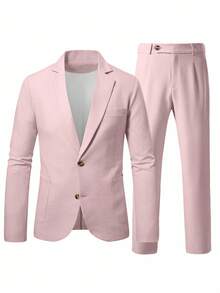 Manfinity Mode Men's Linen Suits,2 Pieces Light Pink Summer Casual Elegant Wedding Business Suit,Including Jacket And Trousers,Solid Color Semi-Formal Party Outfit - Pink - View 6