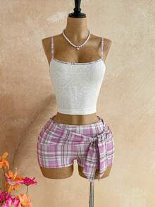 Soleia Women's Vacation Casual Jacquard Camisole & Plaid Shorts 2 Pieces Set - Multicolor - View 6