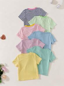 Random 2pcs, Girls Solid Color/Striped Soft Cotton-Feel Casual T-Shirts, Suitable For Summer, Back To School, Spring, Autumn, Winter Wear, Solid Color + Striped Design With Contrast Collar, American Style, Randomly Shipped 2pcs - Multicolor - View 2