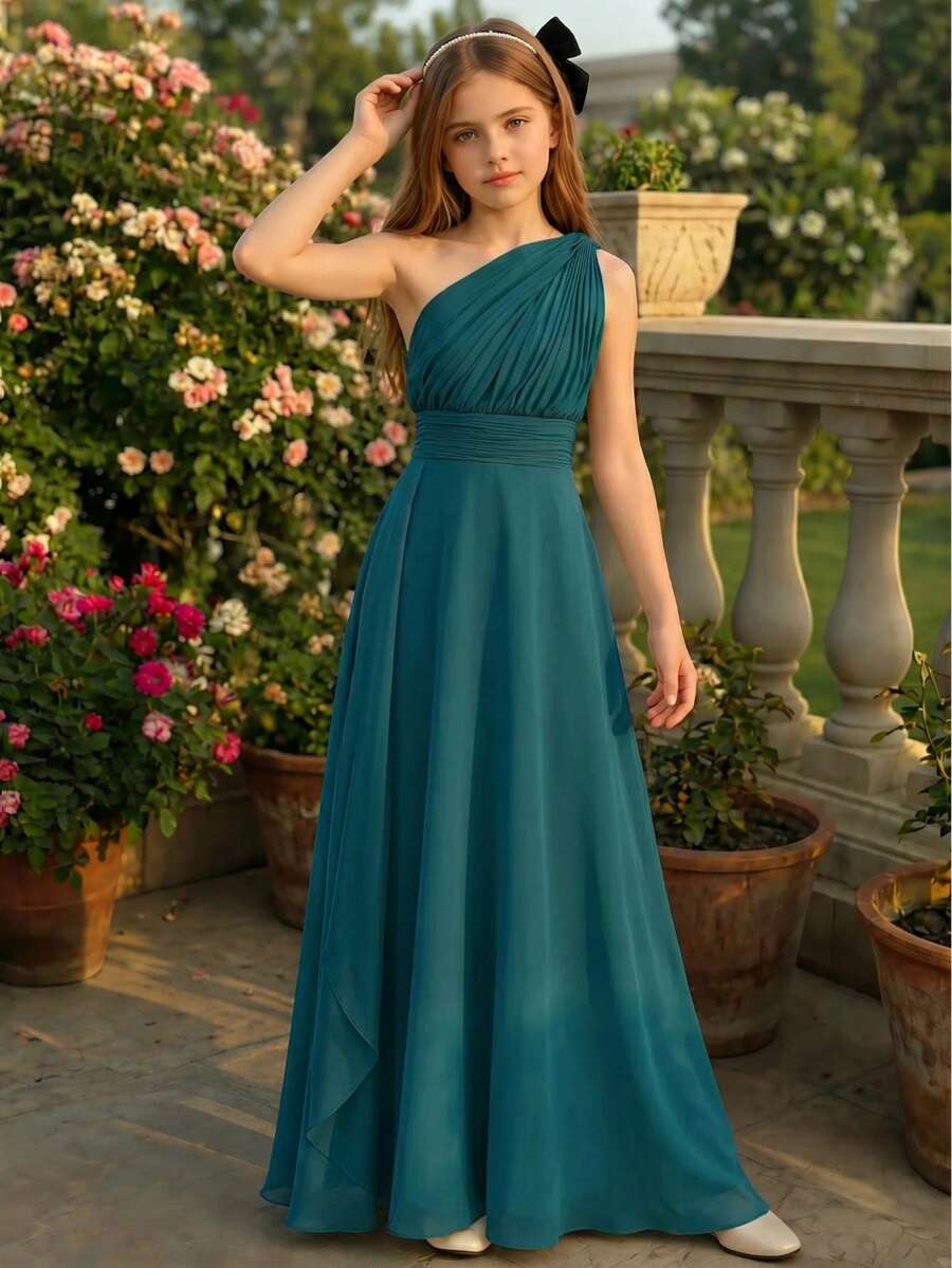 SHEIN 优雅花童礼服，适合婚礼、正式场合，雪纺荷叶边披肩中长连衣裙，适合少女，奢华时尚薄纱公主裙 - 綠色 - 查看 1