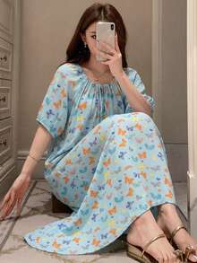 DAZY 女款寬鬆蝴蝶印花抽繩領睡袍，夏季 - 淺藍色 - 查看 3