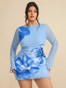 SHEIN BAE 大尺碼女款春夏高街黑色迷你短洋裝，適合日常、通勤、外出、約會、下午茶、度假、法式洋裝、晚禮服、生日洋裝、伴娘洋裝、簡約優雅日常洋裝、婚紗、伴娘洋裝、小黑裙、雞尾酒洋裝，適合度假、海灘性感洋裝 - 淺藍色 - 查看 5