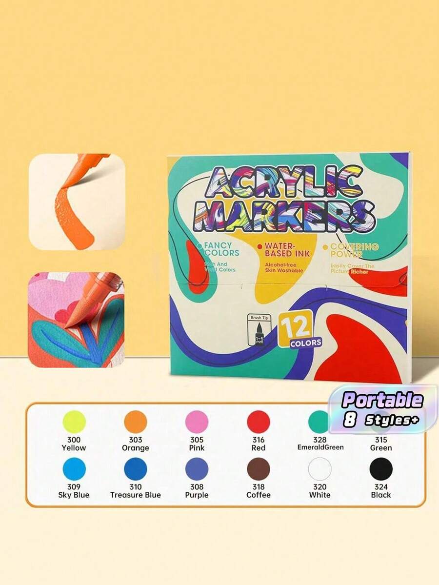 Acrylic Marker Pen, Soft Tip, Large Capacity, Colored Filling Pen, Student Painting Cartoon Character Colored Pen, Suitable For Non-Transparent Paper, Can Be Used For Decoration, Art Painting, Indoor And Outdoor Art And Craft, Canvas, Rock, Wood And Other Materials, Creative Gift Choice - multicolor - View 1