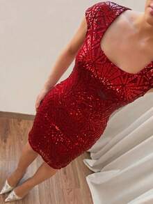 Allurite Vestido ajustado con cuello cuadrado y lentejuelas para fiestas de Año Nuevo - Rojo - Ver 4