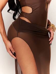 Radiana Conjunto de bikini marrón elegante y sexy para mujer, traje de baño de una pieza con decoración de anillo metálico y falda de malla transparente de 2 piezas, conjunto de bikini sexy, ropa de playa, conjunto de vacaciones, conjunto de cobertura de malla transparente, conjunto de cobertura de bikini sexy, conjunto de cobertura de traje de baño, conjunto de cobertura de playa, conjunto de vestido largo de playa, conjunto de traje de baño de vacaciones en isla, adecuado para playa, vacaciones, noche, fiesta, reunión, bar de playa, club náutico, look de vacaciones en isla, look sexy de playa, look de vacaciones, look de piscina - Marrón - Ver 6