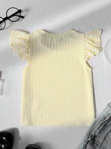 SHEIN 少女休閒簡約舒適圓領短袖紋理面料T恤 - 黃色 - 查看 5
