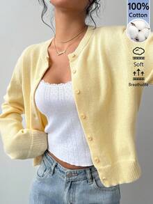 SHEIN BASICS Women's Solid Color Single-Breasted Casual Versatile Daily Outing Long Sleeve Cardigan - Pale Yellow - View 7