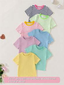 Random 2pcs, Girls Solid Color/Striped Soft Cotton-Feel Casual T-Shirts, Suitable For Summer, Back To School, Spring, Autumn, Winter Wear, Solid Color + Striped Design With Contrast Collar, American Style, Randomly Shipped 2pcs - Multicolor - View 3