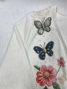 Resyla Women's V-Neck Floral Butterfly Embroidered Pattern Casual Versatile Daily Outing Cardigan - White - View 3