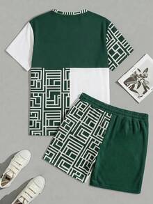 Sorvial Men's Colorblock Patchwork Geometric Print T-Shirt And Shorts Set, Holiday - Green - View 4