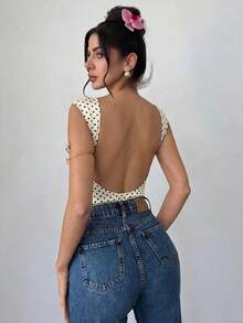 Firerie 女款優雅浪漫時尚通勤性感圓點印花露背連身衣，適合派對、度假 - 杏色 - 查看 4
