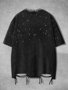 ROMWE MEN Street Life Kaos Kasual Musim Panas Pria Motif Kepingan Salju dengan Tampilan Usang - Hitam - View 2