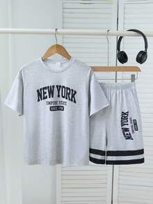 Boys' Summer Short Sleeve & Shorts 2-Piece Set, Black & Gray Colorblock Sports Theme Letter Print, Dynamic Streetwear Sports Outfit, Versatile Casual Activewear For Daily Outings - Grey - View 3