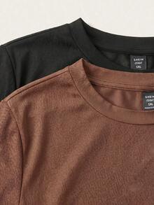 SHEIN EZwear 春夏新款休闲宽松透视网纱短袖上衣搭配骑行短裤，适合日常、派对、通勤、音乐节、返校、海滩度假、街头穿搭、城市漫步等场合，黑色和棕色可选，大码套装 - 彩色 - 查看 5