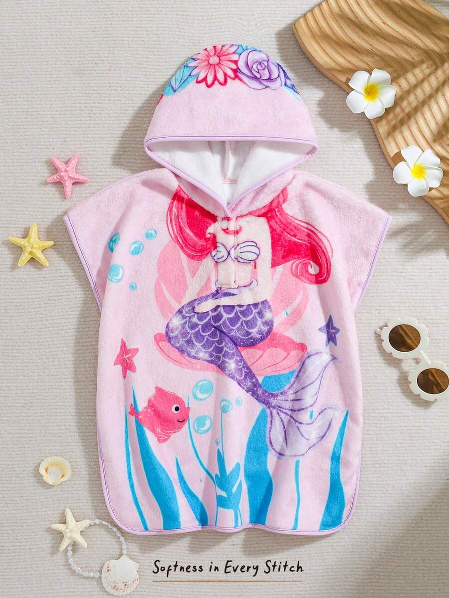 SHEIN 女嬰女嬰時尚可愛度假夏季休閒美人魚印花連帽泳裝罩衫