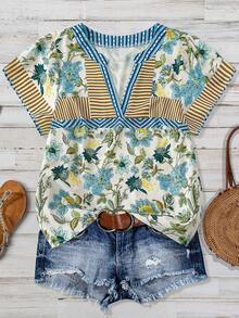 Linhara Plus Size Women's Brown Summer Boho Floral PrintStriped V-Neck Short Sleeve Casual Shirt, Vacation Holiday Bohemian Style Top, Retro Fashion Blouse - Multicolor - View 3