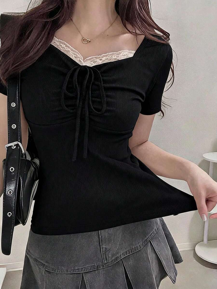 FRIFUL Women's Casual Contrast Lace Front Drawstring Short Sleeve T-Shirt, Summer - Black - View 1
