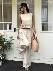 Serisse Women's Casual Jamican Linen Mitation Embroidery Floral Print Design Plant Embroidery Shell Trim Round Neck Top And Wide Leg Pants 2 Pieces Set - Brown - View 5