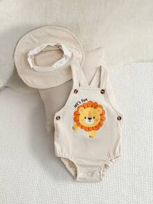 SHEIN Playful Pals 新生兒男嬰/女嬰中性服裝套裝，綠色與白色條紋吊帶連身褲，舒適百搭休閒極簡風格，適合春季、夏季、室內、室外、日常、運動、派對、節日，0-3歲 - 卡其色 - 查看 9