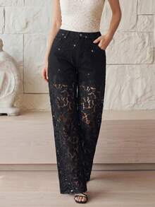 Anewsta Fashionable Lace Patchwork Hollow Out Long Pants - Black - View 6