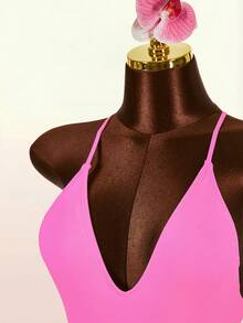 Amplova 1pc Women's Sexy Backless Halter Monokini Swimsuit With Steel Rings, Suitable For Vacation And Daily Wear - Hot Pink - View 5