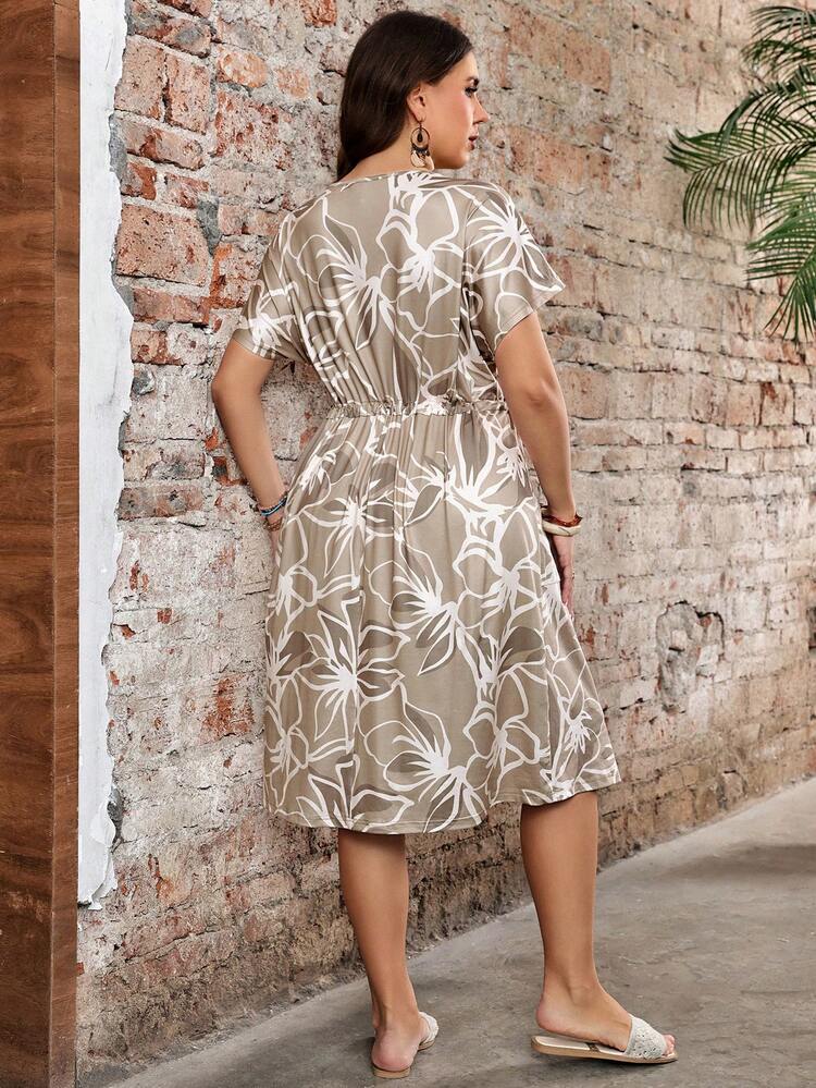 Women's Plus Size Tropical Plant Print Tie-Up Casual Vacation Dress