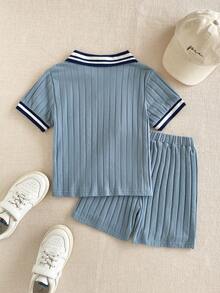 2 peças Conjunto de Polo e Calções Desportivos Casuais para Crianças/Rapazes, Malha Solta Azul Marinho, Adequado para Uso Diário, Volta às Aulas, Passeios, Desportos, Primavera e Verão - Azul - Ver 2