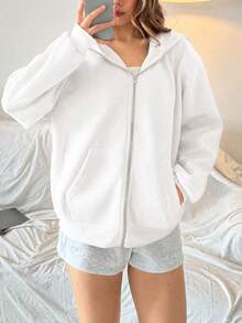 SHEIN 青少年女孩/青少年女孩白色連帽寬鬆休閒運動衫，極簡風格，適用於休閒與運動 - 白色 - 查看 3