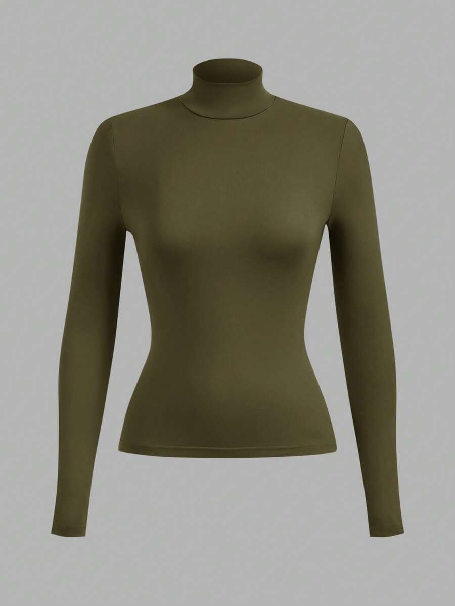 SHEIN BASICS 休閒素色針織修身版型小立領長袖女款T恤 - 軍綠色 - 查看 1