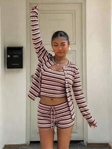 Muchica 女士休闲简约不对称彩色条纹针织印花两件套，百搭风格，适合春夏穿着 - 彩色 - 查看 6