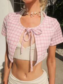 Sydney Algeri Plaid Print Tie Front Crop Tee Casual Pink Summer - Pink - View 4