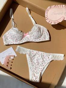 Comfortcana 2 件套钢圈支撑 3/4 罩杯浪漫花卉蕾丝拼接蝴蝶结装饰女士内衣套装 - 白色 - 查看 1