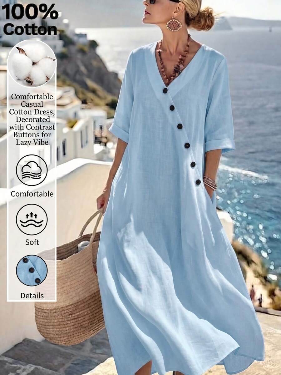SHEIN Holidaya 夏季亞麻休閒舒適優雅海灘度假白色洋裝,波希米亞風度假洋裝配斜襟與鈕扣裝飾 - 藍色 - 查看 1