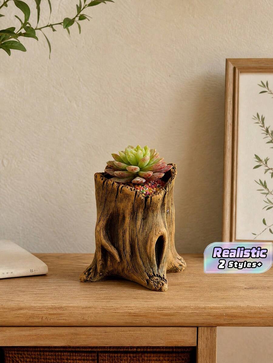 Cirelle 1PC/2PCS Nature-Inspired Cement Tree Root Plant Pot - Realistic Driftwood Stump Succulent Planter, Handcrafted Vintage Wood Look Flower Pot, Decorative Small Container For Mini Plants Herbs Air Plants, Boho Rustic Home Decor For Office Desk Living Room Bedroom, Ideal Gift For Plant Lovers - multicolor - View 1