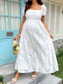 Loomaby Đầm bầu mùa hè thanh lịch họa tiết jacquard cổ vuông tay cánh hoa - Màu be - Xem 8