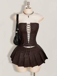 SHEIN ICON 2件組夏季Y2K女款棕色哥德風性感外出交叉式平口上衣與百褶迷你裙 - 摩卡棕 - 查看 8