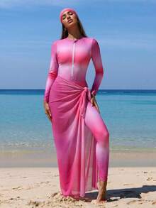 Swim Shayni Bộ Burkini nữ một mảnh tay dài phối màu ombre, khóa kéo trước, kèm váy khoác ngoài đồng bộ và mũ bơi - Nhiều màu - Xem 5