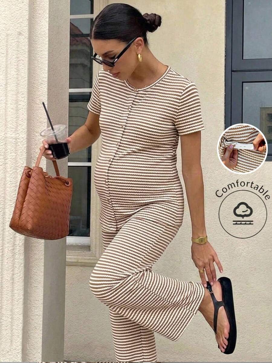 SHEIN 条纹极简圆领短袖上衣和裤子两件套哺乳套装 - 卡其色 - 查看 1