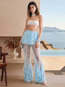 SHEIN Pantalon large en mousseline de soie à taille haute avec dentelle pour femmes, avec ourlet à volants et design en dentelle florale. Convient pour les vacances. - Bleu azur - Voir 2