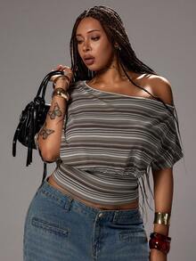 Rustia Plus Size Summer Fashionable Versatile Sexy Asymmetrical Shoulder Women's Striped Waist Casual Short Sleeve T-Shirt - Brown - View 7