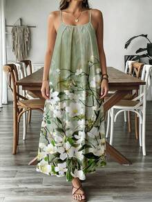 SHEIN VCAY Đầm maxi nữ phong cách vintage đi nghỉ dưỡng | Họa tiết hoa mộc lan màu xanh nhạt, dây đeo mảnh - Đầm dài dáng rộng xếp ly bay bổng có túi, đồ mặc đi biển thường ngày - Nhiều màu - Xem 1